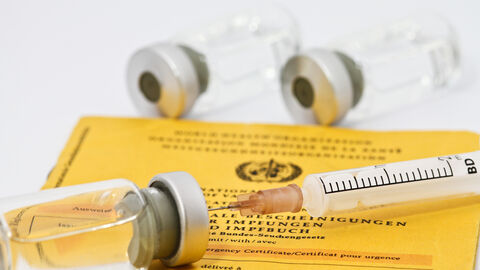 Spritze mit Impfstoff auf Impfpass